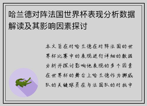 哈兰德对阵法国世界杯表现分析数据解读及其影响因素探讨