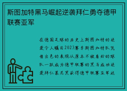 斯图加特黑马崛起逆袭拜仁勇夺德甲联赛亚军 斯图加特黑马崛起逆袭拜仁勇夺德甲联赛亚军