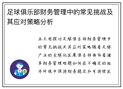足球俱乐部财务管理中的常见挑战及其应对策略分析 足球俱乐部财务管理中的常见挑战及其应对策略分析