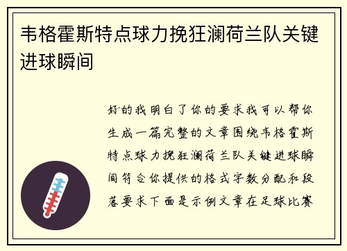 韦格霍斯特点球力挽狂澜荷兰队关键进球瞬间 韦格霍斯特点球力挽狂澜荷兰队关键进球瞬间